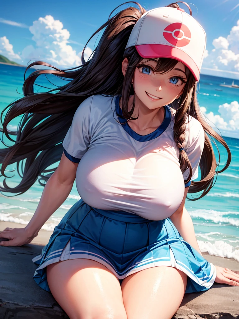 Hilda the trainer from pokemon, she has blue eyes, she wears a baseball cap from   with her hair out the back of the baseball cap, she wears a skirt and a blouse the blous reveals her huge  as she smiles at you, she is sitting on the beach, she has her hands on her chest, she has brown hair and bangs 