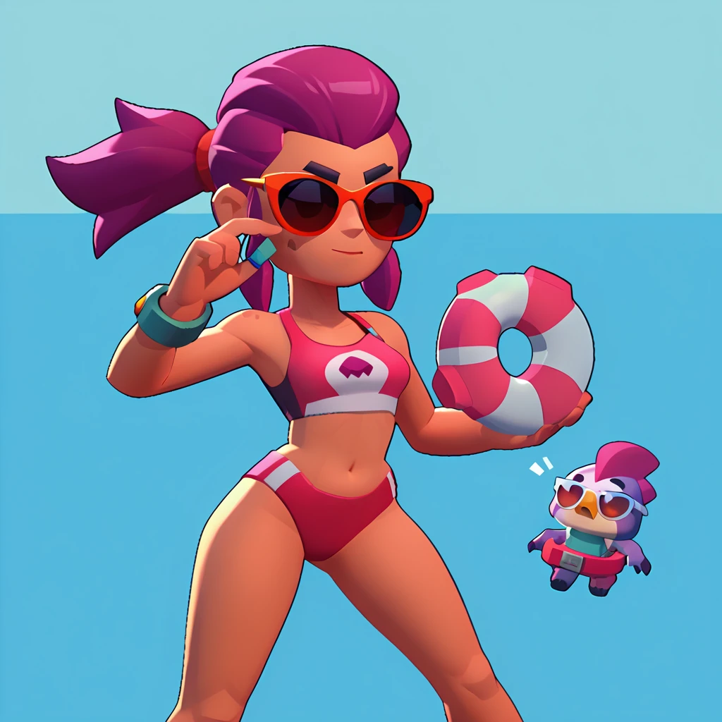 a blue-skinned triceratops dinosaur, female, wearing a red swimsuit and sunglasses, with a pink and white buoy, brawl, brawl stars 