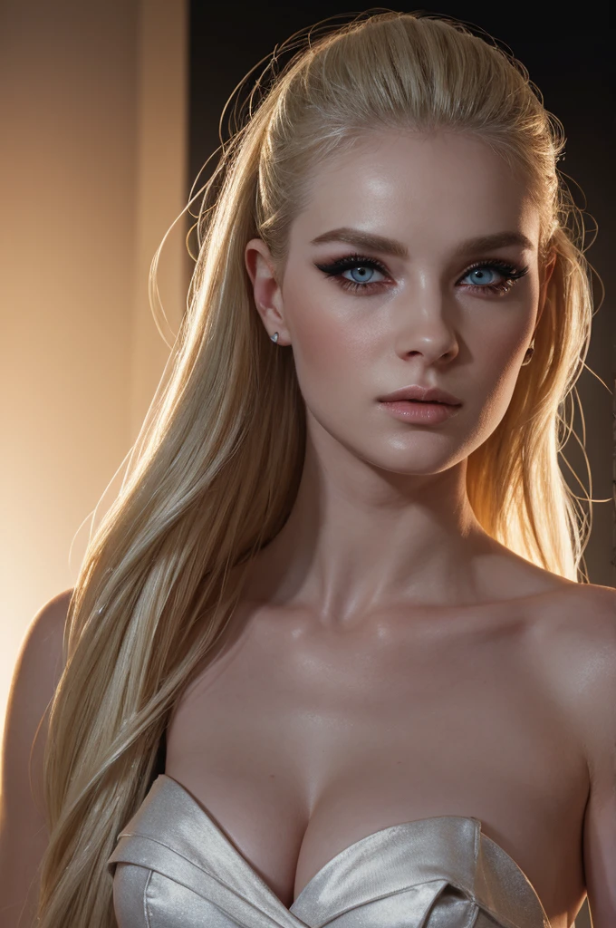 woman pretty, blonde, slick back-hairstyle , blonde  , dress ,white skin,big breast,  pale ,foxy eyeliner, portrait ,no-makeup ,hot,full body ,pale woman painting, eyeliner wonderful highly detailed masterpiece, beautiful light deep focus, elegant, digital painting, smooth, dramatic lighting, ultra realistic, 8k, art , blur ,sky ,black background