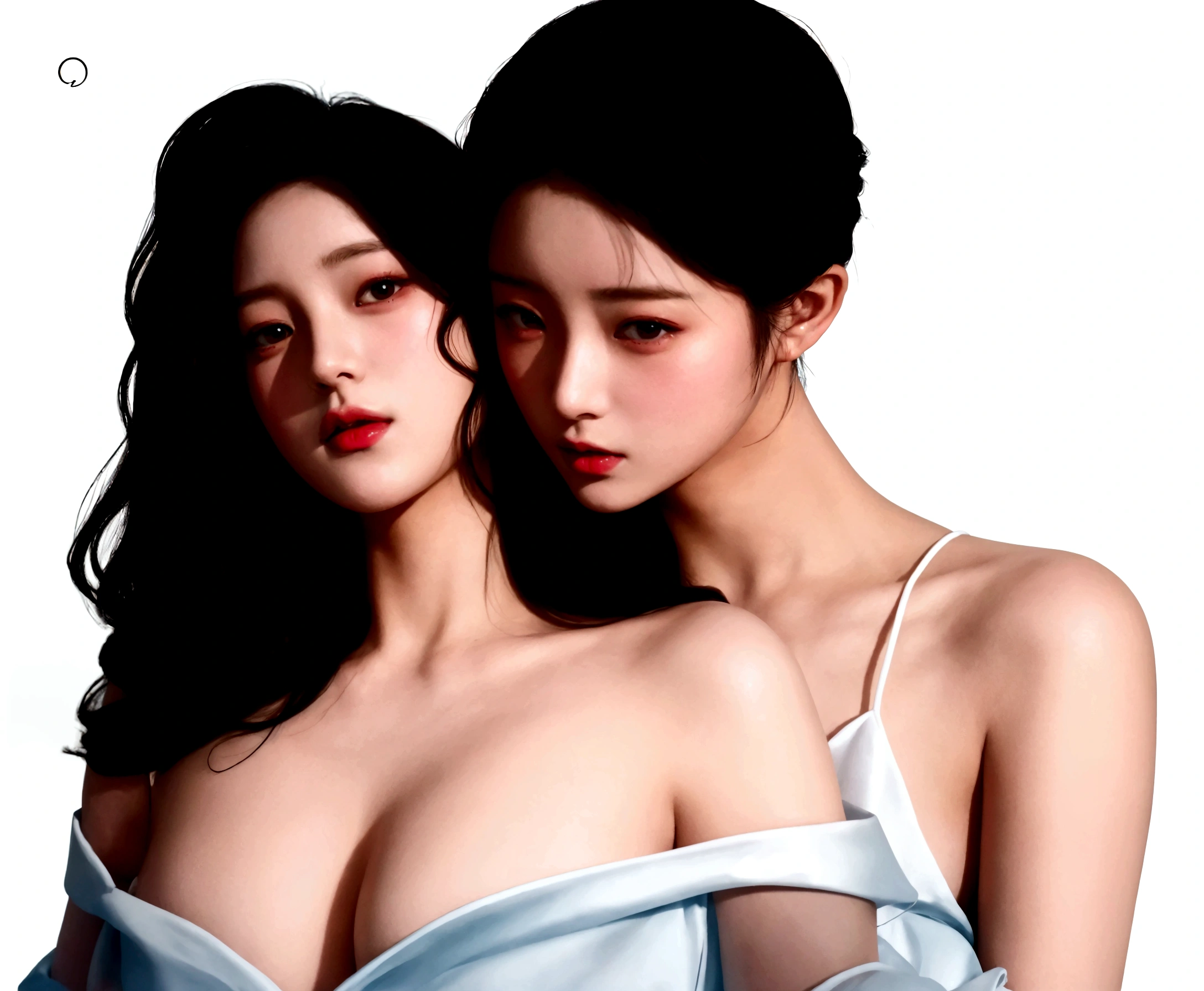 there are two women that are posing for a picture together, artwork in the style of Guvez, In the art form of the pond, digital anime illustration, Guvez, Inspiration from Wang Khu, two women, Realistic art style, Inspired by Sim Sa Jung, glossy digital painting, Realistic art style, Wolop and Sakimi-chan, two women