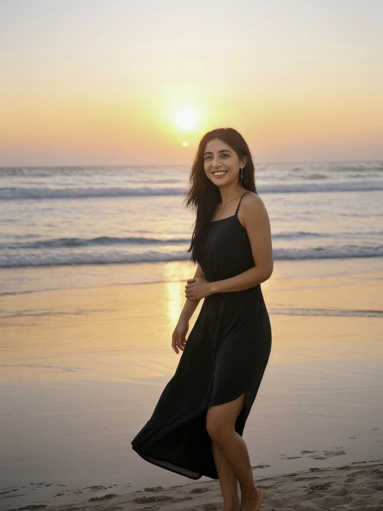 Tzu, black hair, Palestinian woman, ((30-year-old)), (Palestinian skin), (Palestinian eyes), (Palestinian nose), (Palestinian lips), (Palestinian standard face), ordinary Palestinian woman, smiling, hair bobbles, deep eyes, consistent image, ((upper body and upper legs)), wearing a summer Shift Dress wide shot, (((leaning))), (((sunset beach outdoor)))