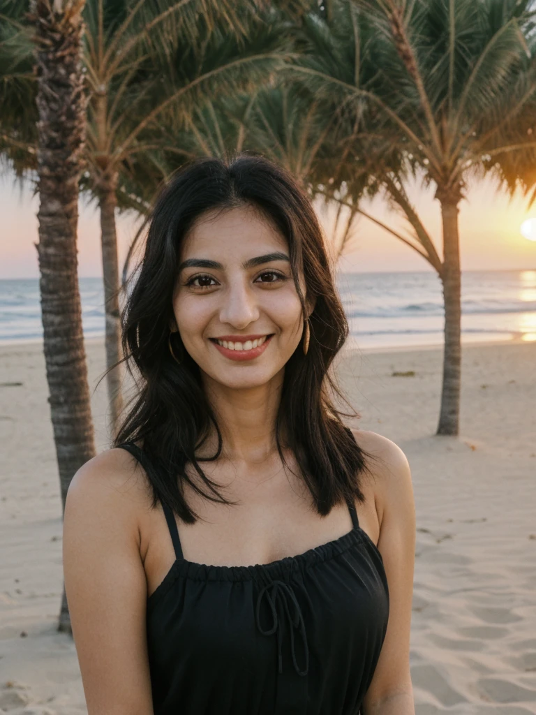 Tzu, black hair, Palestinian woman, ((30-year-old)), (Palestinian skin), (Palestinian eyes), (Palestinian nose), (Palestinian lips), (Palestinian standard face), ordinary Palestinian woman, smiling, hair bobbles, deep eyes, consistent image, ((upper body and upper legs)), wearing a summer Shift Dress wide shot, (((leaning))), (((sunset beach outdoor)))