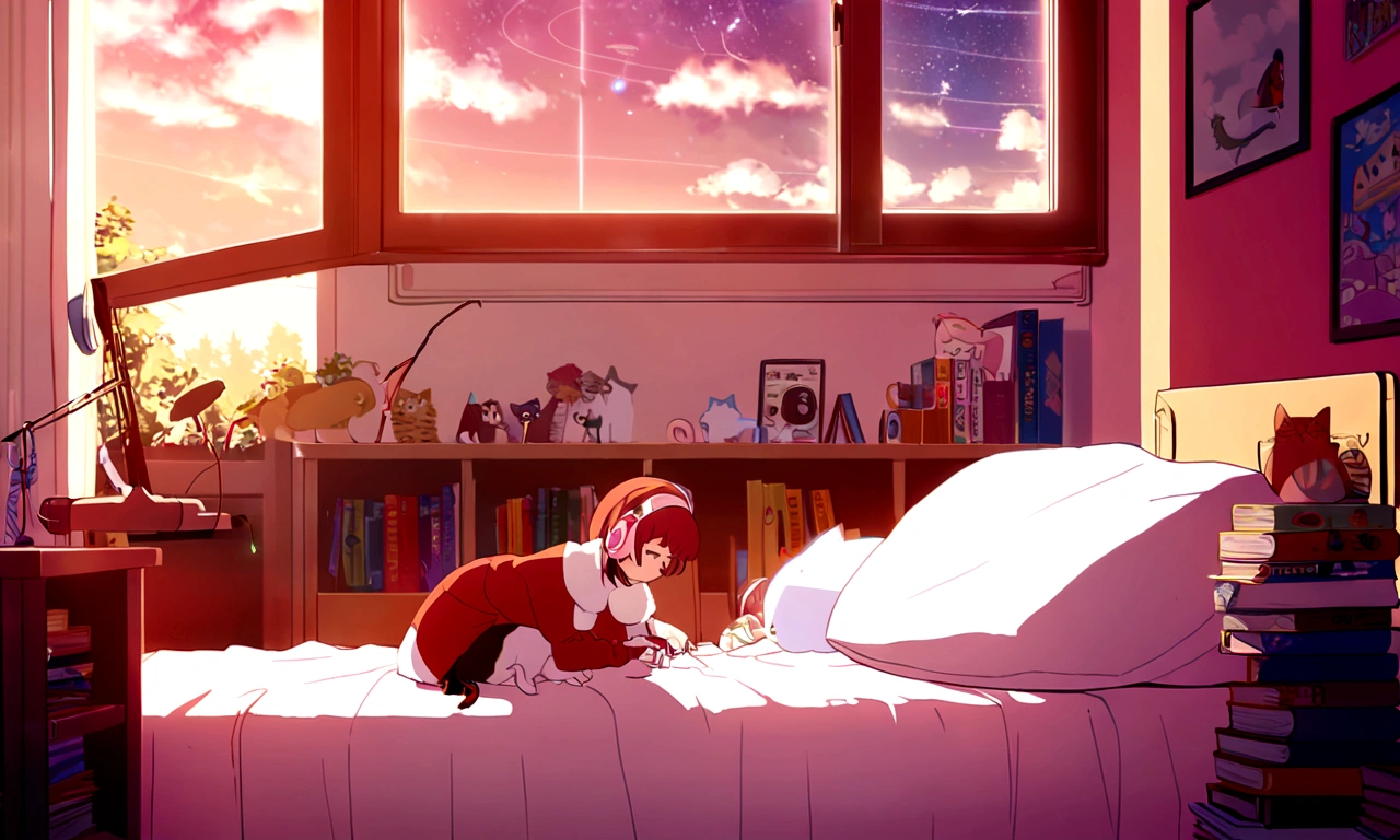 lofi,music,home,girl,headphone, the anime one,midnaight,tokyo,Altocumulus,brownred hair,sleep,white bed,simple home,rolling cat,earring,good study,80's,many books,home wear,shooting star