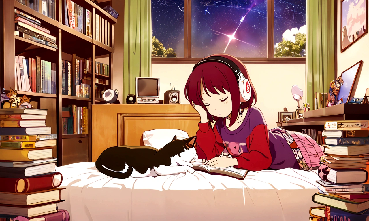 lofi,music,home,girl,headphone, the anime one,midnaight,tokyo,Altocumulus,brownred hair,sleep,white bed,simple home,rolling cat,earring,good study,80's,many books,home wear,shooting star