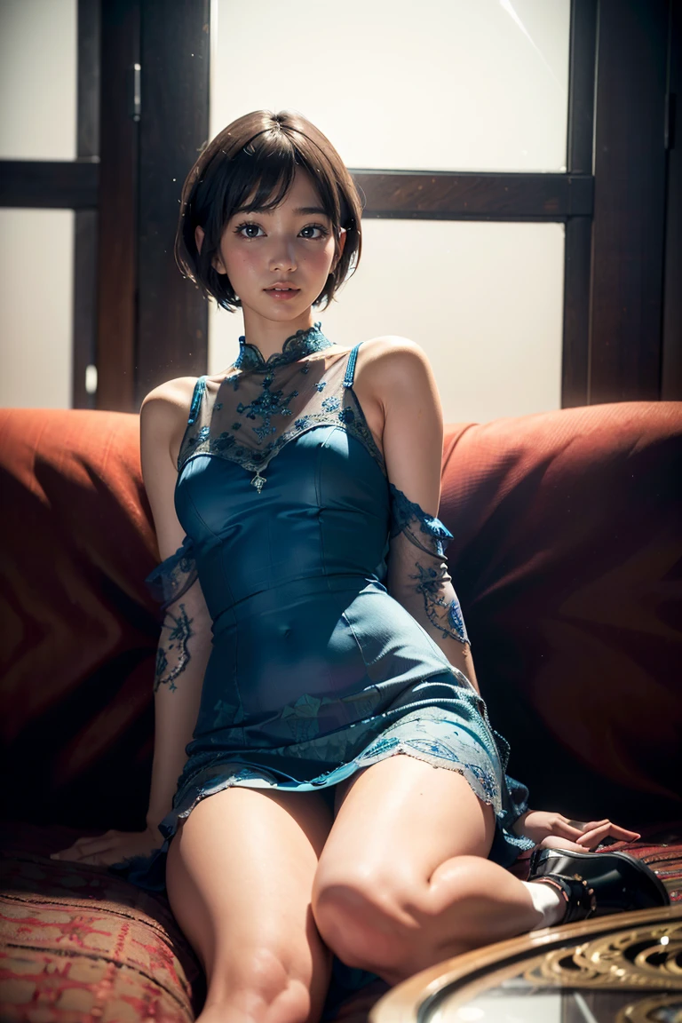 (Realistic:1.5),(raw photo:1.4), (photorealistic:1.3),(masterpiece), best quality, highest quality, extremely detailed CG unity 8k wallpaper, detailed and intricate, original,highres,  full body blue dress, 1girl, short hair, on the sofa, blushed, flirthy, 