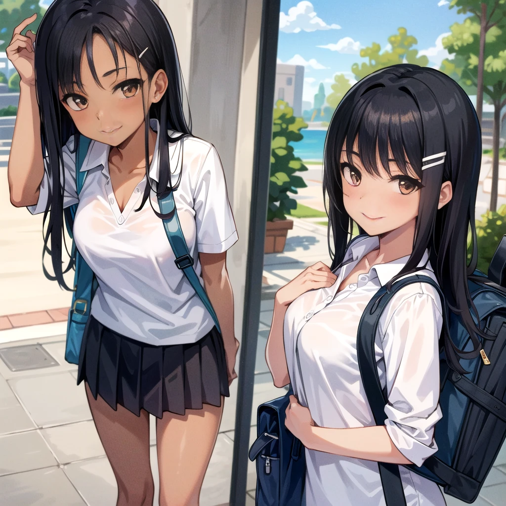 ((best quality)), ((masterpiece)), (details), one girl, sexy ((best quality)), ((masterpiece)), (details), one girl, sexy ((best quality)), ((masterpiece)), (details), one girl, full body, sexy expensive body, expensive, long legs, mature woman, mature, adult, it_nagatoro_main, Nagatoro Hayase, one girl, blushing, alone, uniform polo shirt, black hair, bag, brown eyes, hair accessory, looking at viewer, hair clip, outdoors, backpack, smiling, long hair, dark skinned woman, dark skin, , bangs, daytime, skirt, collared shirt, collarbone, ear clip, mouth closed, tree, asymmetrical bangs, upper body