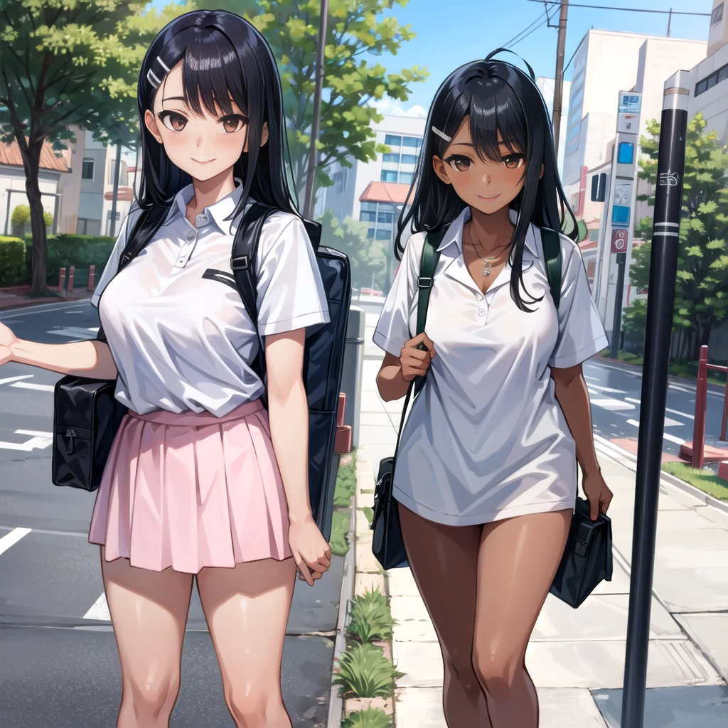 ((best quality)), ((masterpiece)), (details), one girl, sexy ((best quality)), ((masterpiece)), (details), one girl, sexy ((best quality)), ((masterpiece)), (details), one girl, full body, sexy expensive body, expensive, long legs, mature woman, mature, adult, it_nagatoro_main, Nagatoro Hayase, one girl, blushing, alone, uniform polo shirt, black hair, bag, brown eyes, hair accessory, looking at viewer, hair clip, outdoors, backpack, smiling, long hair, dark skinned woman, dark skin, , bangs, daytime, skirt, collared shirt, collarbone, ear clip, mouth closed, tree, asymmetrical bangs, upper body