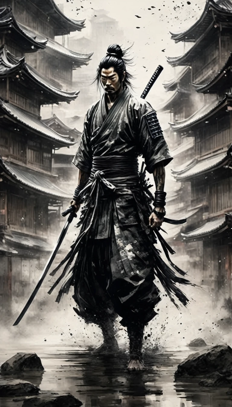 hyper-realistic ,cool, Sasaki Kojiro ,style of a black-and-white painting, incorporating elements of sumi-e (Japanese ink painting) ,with prominently emphasized splash effects, handsome and tall samurai, with long, flowing black hair, tied back in a traditional style, traditional Japanese clothing, such as a kimono with intricate patterns and a hakama, Long Japanese sword, katana ,ready stance, The background should feature elements typical of sumi-e, like bamboo, dynamic and prominently emphasized ink splashes, strong sense of movement and energy,