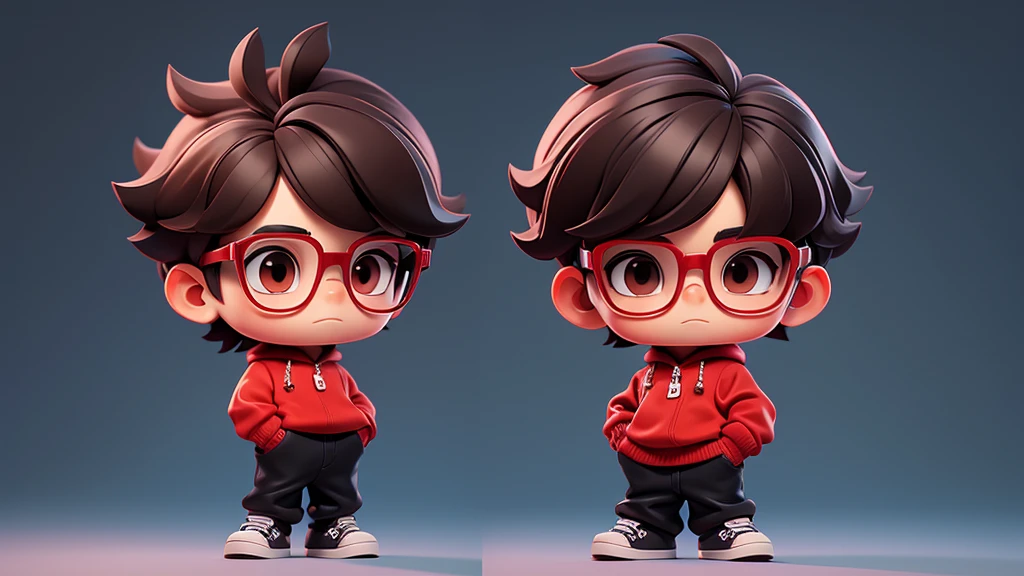 Surpise Boy chibi with Red pullover, dark brown eyes, black glasses, short long texture crop style hair. Clear Background