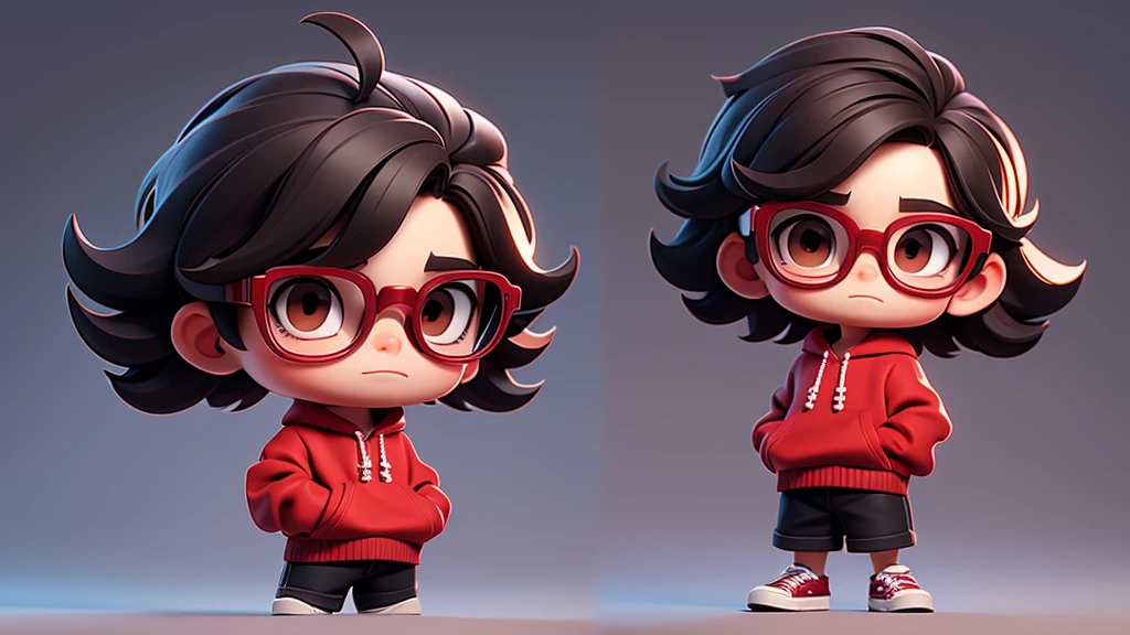 Surpise Boy chibi with Red pullover, dark brown eyes, black glasses, short long texture crop style hair. Clear Background