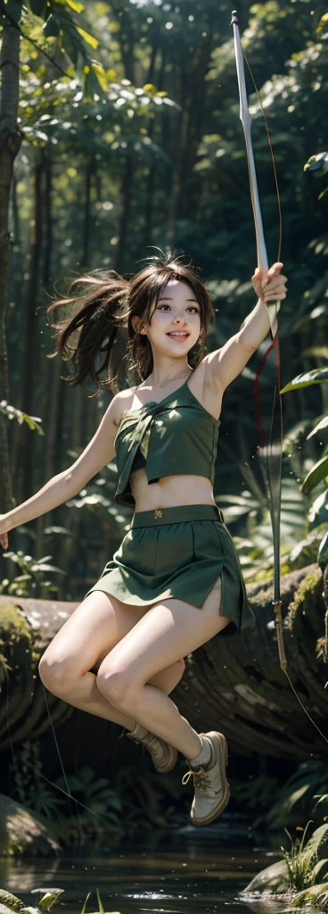 Jump in the forest，Holding a bow and arrow，Wear a green bandeau，green miniskirt，短发的少女正在Holding a bow and arrow的特写镜头，Full body close-up，Jump into the air，Jumping action，Looking up，Smile of victory