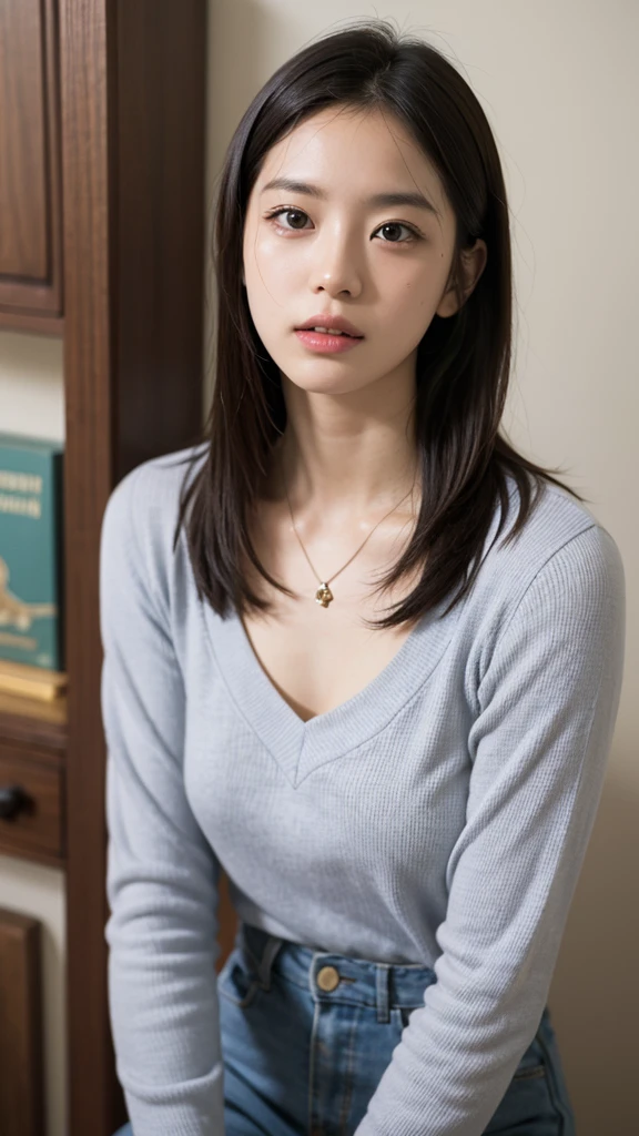 (Highly realistic photos, High resolution, Detailed face, Beautiful Eyes), Photographed in front of a white wall、Japanese women, 40 years old, A variety of expressions, alone:1, Slim figure, Various Hair Styles, Casual clothing, 写真にaloneいる、Long sleeve dress、Photographed in natural light、Simple Necklace、Spring Clothes、Don't look at the camera、profile、Dark brown hair color