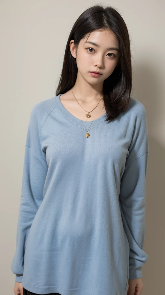 (Highly realistic photos, High resolution, Detailed face, Beautiful Eyes), Photographed in front of a white wall、Japanese women, 40 years old, A variety of expressions, alone:1, Slim figure, Various Hair Styles, Casual clothing, 写真にaloneいる、Long sleeve dress、Photographed in natural light、Simple Necklace、Spring Clothes、Don't look at the camera、profile、Dark brown hair color