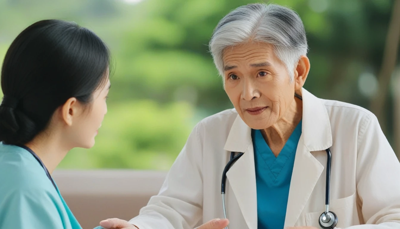 Doctor, male, Thai, black hair, handsome, smart, sitting and talking with a patient.
She is a grandmother, old, white hair, wearing casual clothes. Grandma was shocked