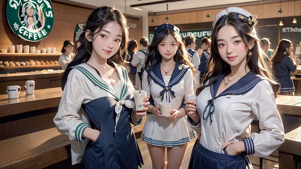 8K、RAW Photos、Highest quality、Super detailed、Super Resolution、Ultra HD、8K壁紙、Amazing details
(((Inside the Starbucks store)))、((((16 year old high school girl in sailor suit))))、Eat cake、Drink coffee、smile、Heart Necklace(((Emphasize cleavage)))
(Full body photo)
