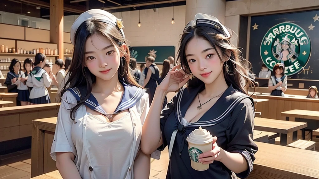 8K、RAW Photos、Highest quality、Super detailed、Super Resolution、Ultra HD、8K壁紙、Amazing details
(((Inside the Starbucks store)))、((((16 year old high school girl in sailor suit))))、Eat cake、Drink coffee、smile、Heart Necklace(((Emphasize cleavage)))
(Full body photo)