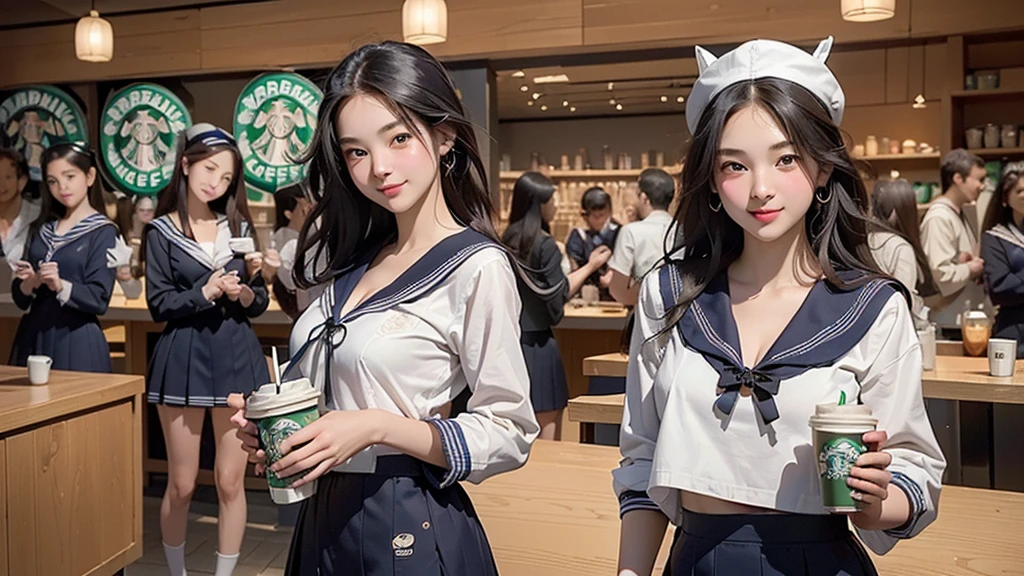 8K、RAW Photos、Highest quality、Super detailed、Super Resolution、Ultra HD、8K壁紙、Amazing details
(((Inside the Starbucks store)))、((((16 year old high school girl in sailor suit))))、Eat cake、Drink coffee、smile、Heart Necklace(((Emphasize cleavage)))
(Full body photo)
