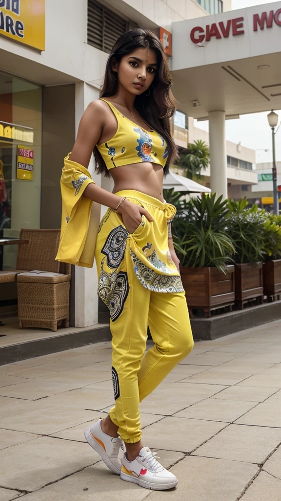 Create a   fair skin , cute and lovely indian women age  ,she have  bigger emerged   breast and Slim waist , looking so pretty  ,model and Indian cultured 
And she wears a yellow graphics printed  full  casual dress and long black pant with white sneakers looks hot sexy model , shopping mall in background  looks like Indian ,same face like last this picture 