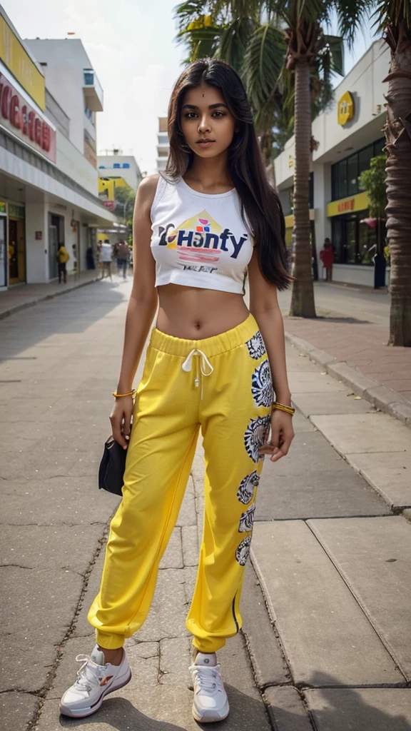 Create a fair skin , cute and lovely indian women age is 16 years old ,she have bigger emerged breast and Slim waist , looking so pretty ,model and Indian cultured
And she wears a yellow graphics printed full casual dress and long black pant with white sneakers looks hot sexy model , shopping mall in background looks like Indian ,same face like last this picture