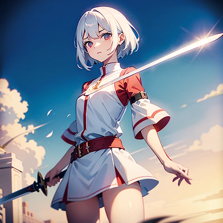 (white short hair)(red eye)(serious)(Take sword)(sword have effect) 4K