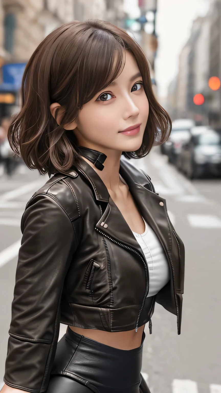 Non-NSFW、Realistic、Highest quality、Highest quality、masterpiece、Ultra-high resolution、RAW Photos、Realistic、Bright lighting、Face Light、Smooth Professional Lighting、Looking into the camera、alone、Adult female、Beautiful woman、Super Beauty、Realistic肌、Moisturized Skin、Realistic eyes and faces、Perfect model body shape、Beautiful Eyes、Big eyes、Inconspicuous tear bags、slim、No bra、Beautiful fingers、Very short hair、Brown Hair、Iris、Looks happy、(Both ears are hidden by hair), (Strapless Cropped tube top:1.2), (Cropped Leather Jacket:1.5), (Leather Leggings:1.5),In the city, Small Ass, (Large Breasts:1.1),(Venus' Nipples:1.2), A konigsreuter、Sexy Random Poses,(standing:1.1),(from behind:1.6)