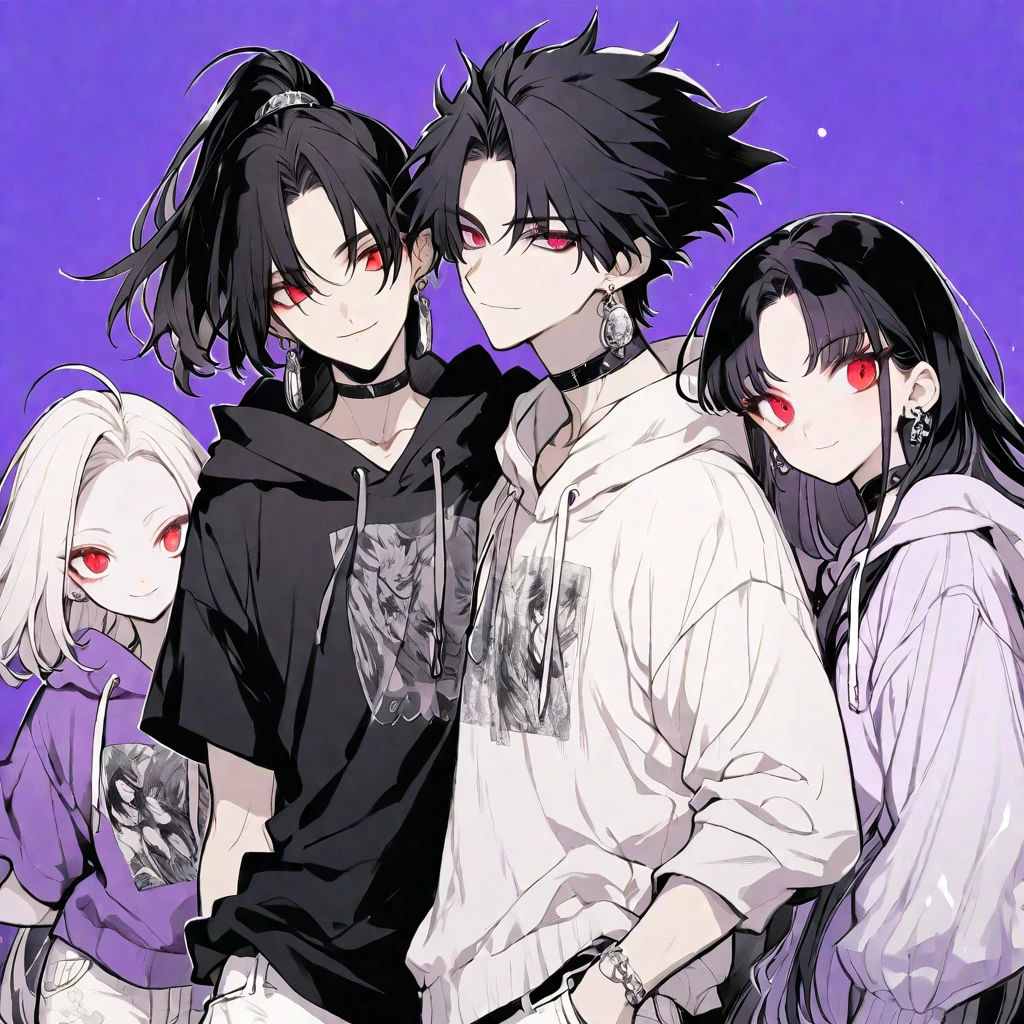 独奏, handsome, monotone,
1. male,
hime cut,Straight Hair,Bob Hair, ponytail,
black hair,
Gojo Satoru ,
red Eyes,Soft look,beautiful,beautiful,sexly,Darkness,Lots of silver earrings,choker,
White Distressed jeans, hoodie ,smile,skin,buzzer,
simple background ,
purple background,