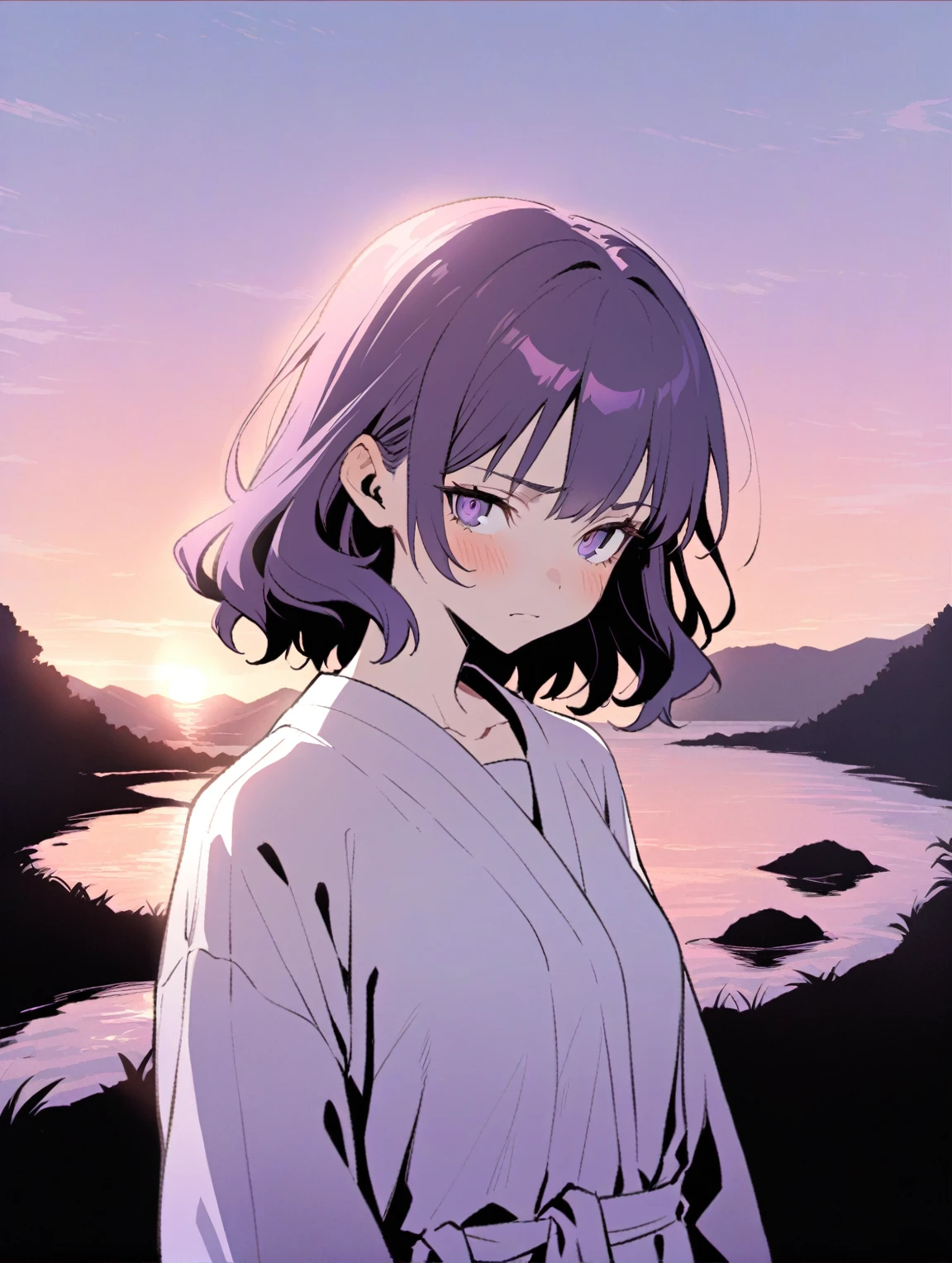 {{{sincos (sincos), girl, waist-length}}}, 1 girl, wear a medical gown, waist-length, stands directly towards the viewer. Tired face, weak facial expressions. The hair is wavy, gathered at the back of the head, hair red at the ends and ivory at the roots. The skin is not pale. The face is delicate, the cheekbones are not expressed. The eyes are black. Atmosphere – sunset, evening. Predominant colors: blue, lilac, violet - dim, calm. Fill the background with a small shadow from the character.