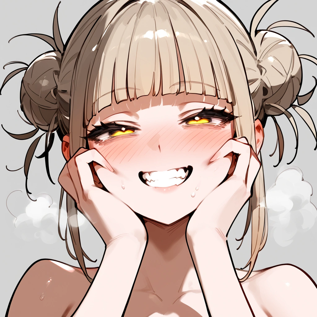 anime artwork, score_9, score_8_up, score_7_up, score_6_up, score_5_up, score_4_up, floox style //////Himiko toga, big breasts, she is 24 years old, style_3, , , , naked,, yellow eyes, solo, nude,, smile, , grey background, simple background , , ,hands on face, AMAZING!, , , , full-face blush,, , steam, deep breath, , , steaming body, face close-up, she get fucked, a little bit below view, rolling eyes, big tits, detailed face, head up, clenched teeth, cropped torso