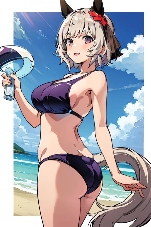 (masterpiece),(Highest quality:1.0), (Ultra-high resolution:1.0), Detailed illustrations, 8K, Pretty face, White Background、Big Breasts、Swimwear, Swimwear姿、黒色のSwimwear、bikini、whole body、Animal ears, earrings, Horse tail、Are standing, smile, Open your mouth