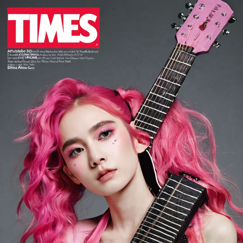 arafed woman with pink hair and a guitar on a magazine cover, times magazine, grimes, resembling a mix of grimes, grimes - book 1 album cover, looks like a mix of grimes, looks a blend of grimes, she looks like a mix of grimes, in the cover of new york times, cover of new york times, newspaper photography, long pink hair