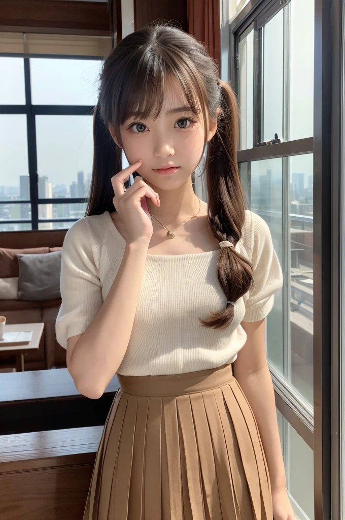 Anime girl in a fluffy short skirt without yellow hair with pigtails on both sides.
