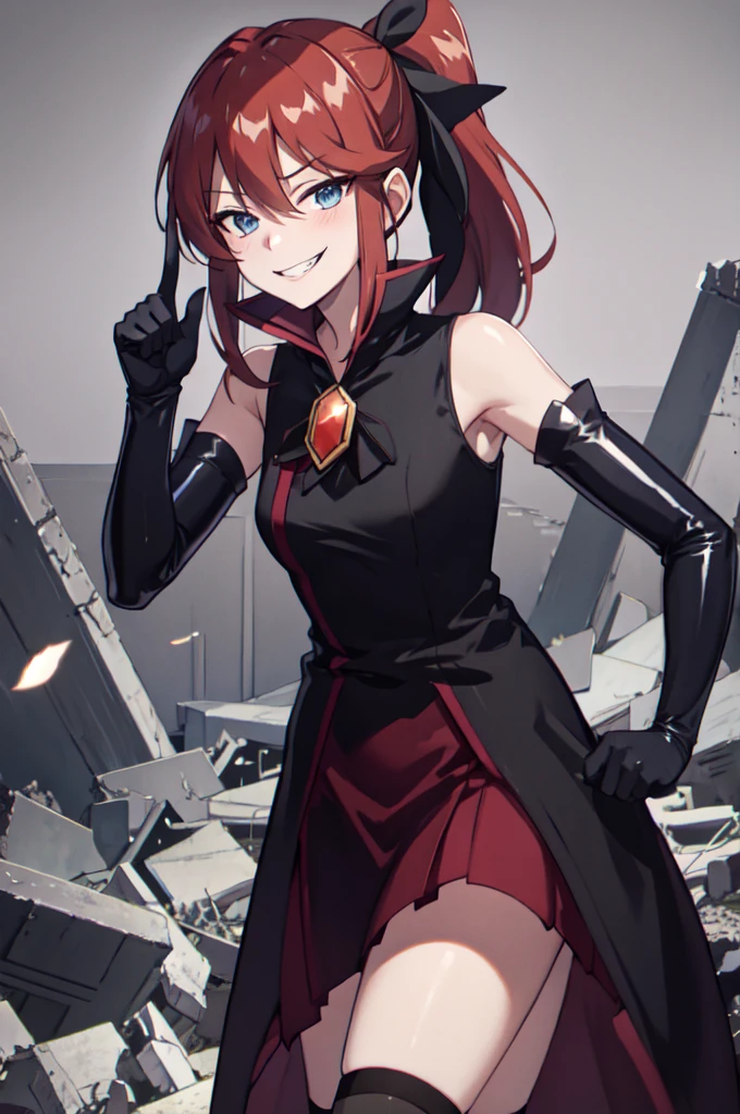 Highest quality, masterpiece, One Girl,Not beautiful, Red Ponytail, Long dress, brooch, Hair Ribbon, - Elbow hand pockets, Black knee socks, Standing on the rubble, (Wicked Smile:1.1), ,,Dark shadowed face,Sadistic smile,Malice,Contempt,smile,latex,Bad face,,Red Skirt,two hands,two legs,five fingers,evil background,elbow gloves,latex,