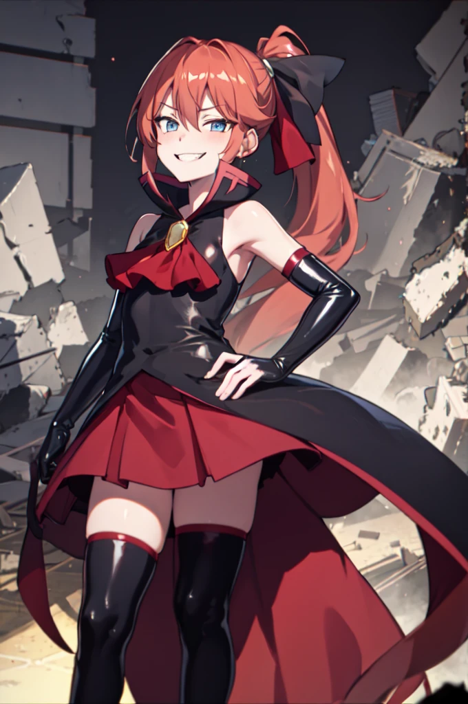 Highest quality, masterpiece, One Girl,Not beautiful, Red Ponytail, Long dress, brooch, Hair Ribbon, - Elbow hand pockets, Black knee socks, Standing on the rubble, (Wicked Smile:1.1), ,,Dark shadowed face,Sadistic smile,Malice,Contempt,smile,latex,Bad face,,Red Skirt,two hands,two legs,five fingers,evil background,elbow gloves,latex,