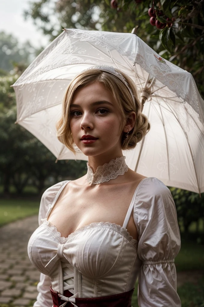 A young woman with cherry red lips and a small, delicate nose. She is well-groomed, with blonde hair, and elegantly dressed in a traditional long white gown with full sleeves and a tight corset, creating an hourglass silhouette. She wears a white cap that adds a touch of vintage charm and is carrying an umbrella. Her appearance closely resembles Millie Bobby Brown, with a youthful charm and poised elegance. The image should be highly realistic and rendered in ultra HD.

