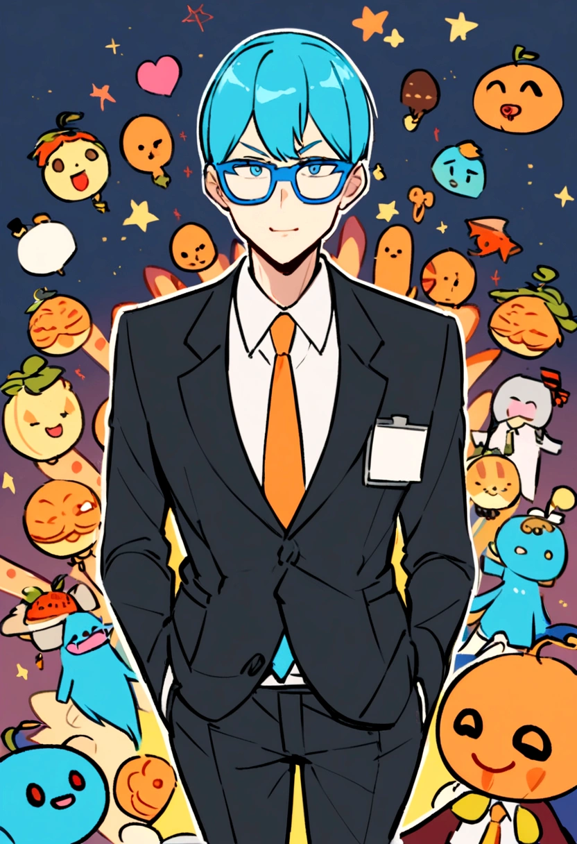 One wears blue glasses and an orange tie，Cartoon character of man in black coat office worker,