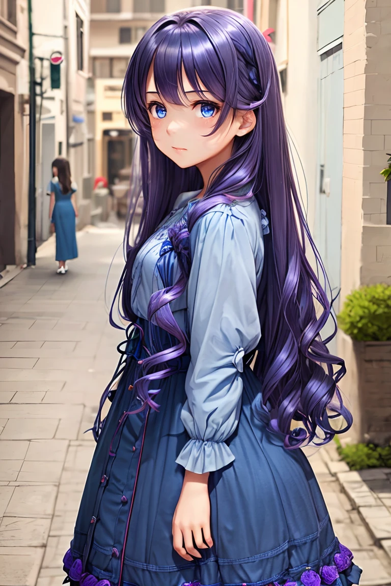 A girl, 15 years old, long hair, blue dress, detailed face, detailed eyes, purple hair, curly hair