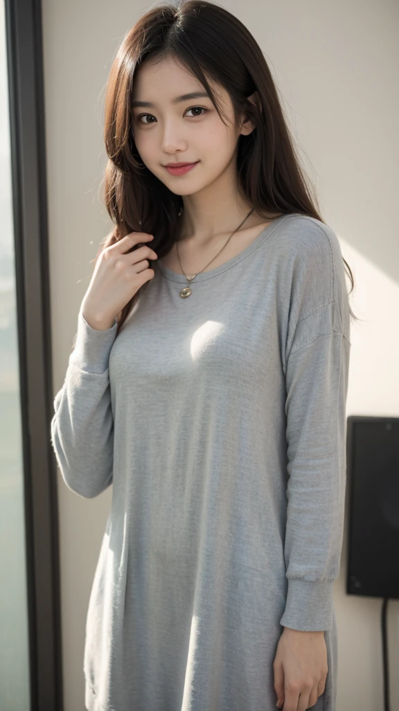 (((smile、Focus on the eyes:1.1、Extremely detailed:1.22、超High resolution、masterpiece:1.45、Highest quality)))、(Highly realistic photos, High resolution, Detailed face, Beautiful Eyes), Photographed in front of a white wall、Japanese women, 40 years old, A variety of expressions, alone:1, Slim figure, Various Hair Styles, Casual clothing, 写真にaloneいる、Long sleeve dress、Photographed in natural light、Simple Necklace、Spring Clothes、Don't look at the camera、profile、Dark brown hair color