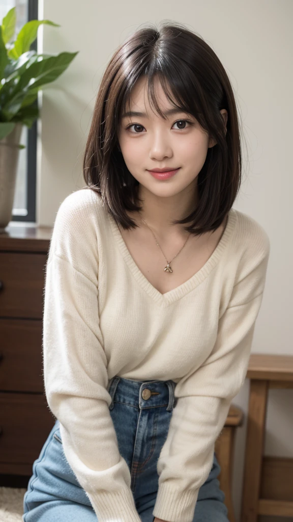 (((smile、Focus on the eyes:1.1、Extremely detailed:1.22、超High resolution、masterpiece:1.45、Highest quality)))、(Highly realistic photos, High resolution, Detailed face, Beautiful Eyes), Photographed in front of a white wall、Japanese women, 40 years old, A variety of expressions, alone:1, Slim figure, Various Hair Styles, Casual clothing, 写真にaloneいる、Long sleeve dress、Photographed in natural light、Simple Necklace、Spring Clothes、Don't look at the camera、profile、Dark brown hair color