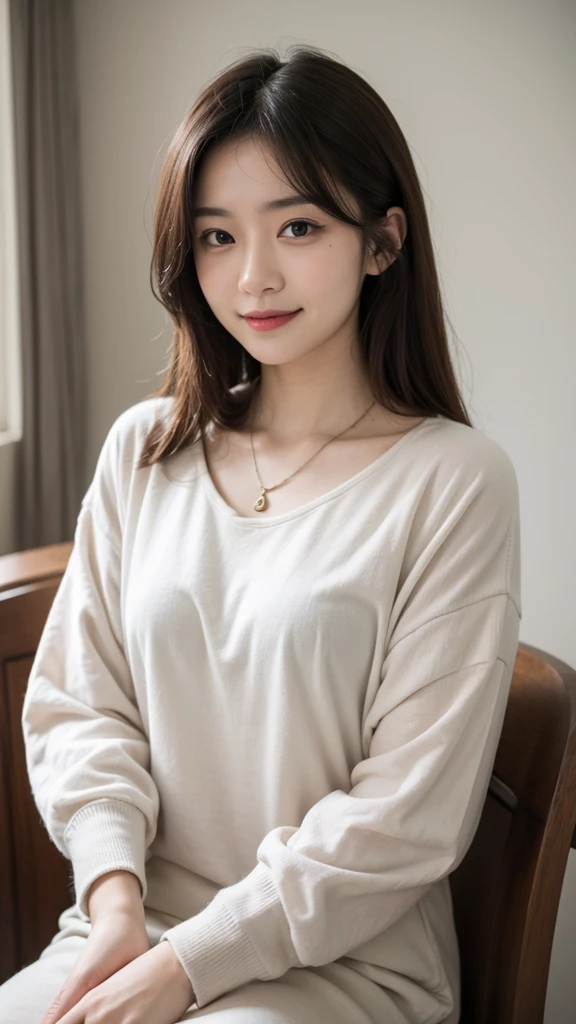 (((smile、Focus on the eyes:1.1、Extremely detailed:1.22、超High resolution、masterpiece:1.45、Highest quality)))、(Highly realistic photos, High resolution, Detailed face, Beautiful Eyes), Photographed in front of a white wall、Japanese women, 40 years old, A variety of expressions, alone:1, Slim figure, Various Hair Styles, Casual clothing, 写真にaloneいる、Long sleeve dress、Photographed in natural light、Simple Necklace、Spring Clothes、Don't look at the camera、profile、Dark brown hair color