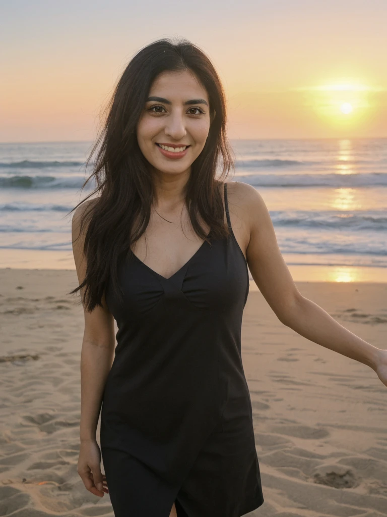 Tzu, black hair, Palestinian woman, ((30-year-old)), (Palestinian skin), (Palestinian eyes), (Palestinian nose), (Palestinian lips), (Palestinian standard face), ordinary Palestinian woman, smiling, hair bobbles, deep eyes, consistent image, ((upper body and upper legs)), wearing a summer Shift Dress wide shot, (((leaning))), (((sunset beach outdoor)))