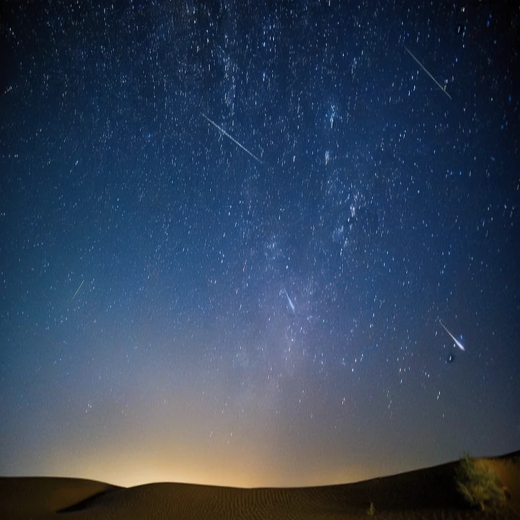 a view of a desert with a few stars in the sky, perseides meteor shower, meteors are falling from the sky, meteor shower, meteors falling, shooting star in background, sky strewn with stars, night sky with many meteorites, meteors, on a clear magnificent night sky, during a meteor storm, stars in sky, stars and planets visible