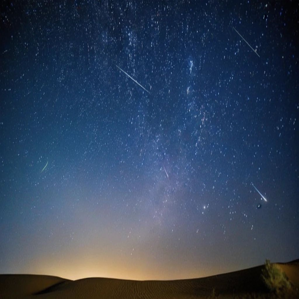 a view of a desert with a few stars in the sky, perseides meteor shower, meteors are falling from the sky, meteor shower, meteors falling, shooting star in background, sky strewn with stars, night sky with many meteorites, meteors, on a clear magnificent night sky, during a meteor storm, stars in sky, stars and planets visible