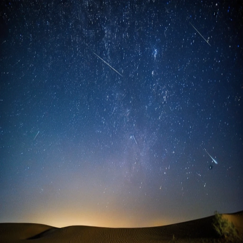 a view of a desert with a few stars in the sky, perseides meteor shower, meteors are falling from the sky, meteor shower, meteors falling, shooting star in background, sky strewn with stars, night sky with many meteorites, meteors, on a clear magnificent night sky, during a meteor storm, stars in sky, stars and planets visible