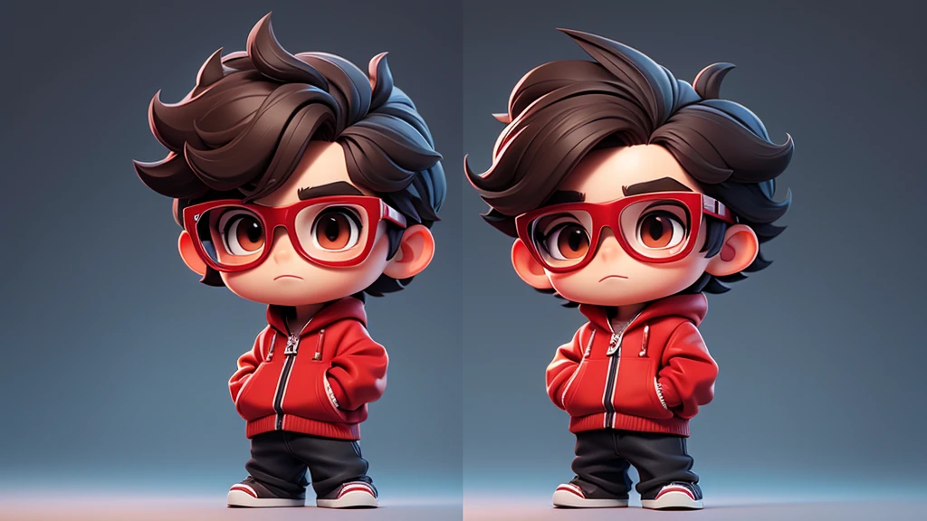 Surpise Boy chibi with Red pullover, dark brown eyes, black glasses, short long texture crop style hair. Clear Background