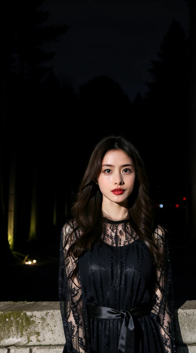 8K, Ultra-realistic, masterpiece, The best quality at its best, Super detailed, High resolution, Random Background, One woman, huge breasts, thin waist, wide hip, night、深night、Pitch black、nightの森、In the dark forest、Outdoor、moonlight、Torch light
