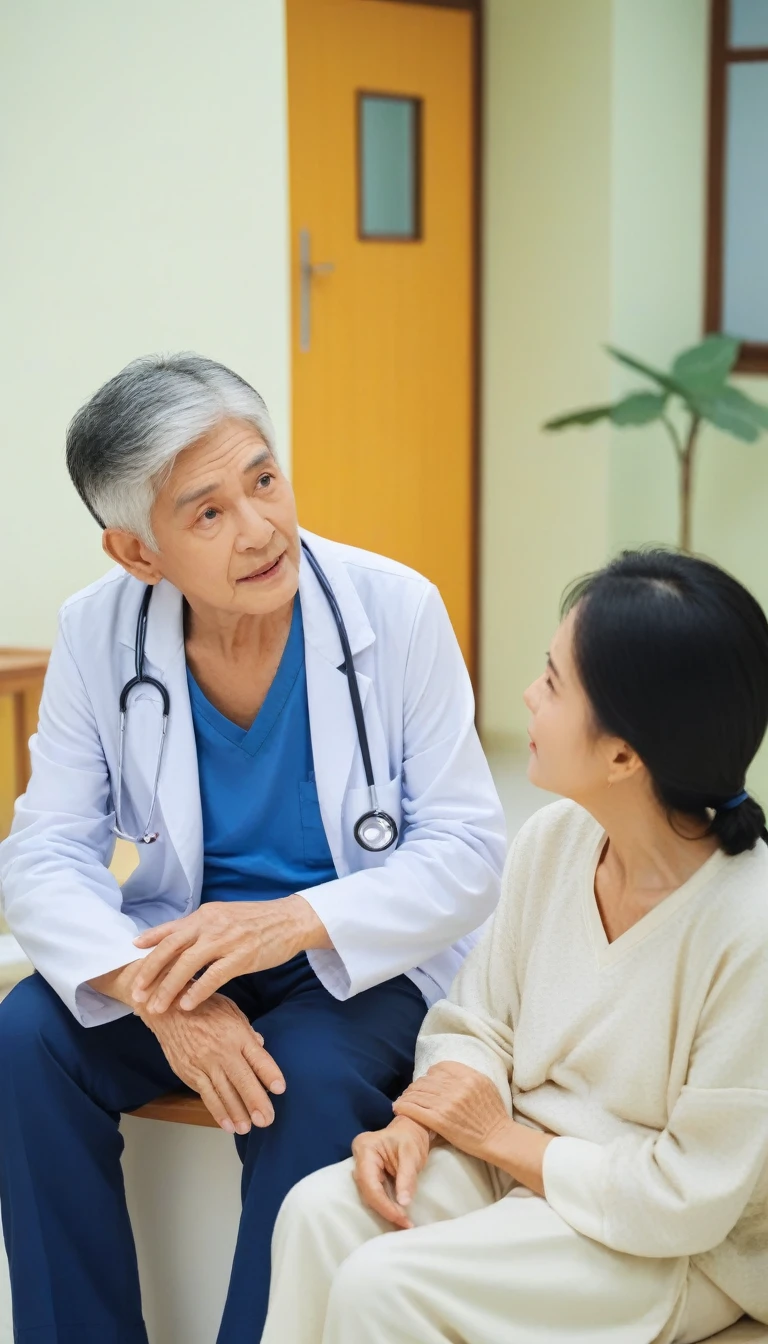 Doctor, male, Thai, black hair, handsome, smart, sitting and talking with a patient.
She is a grandmother, old, white hair, wearing casual clothes. Grandma was shocked