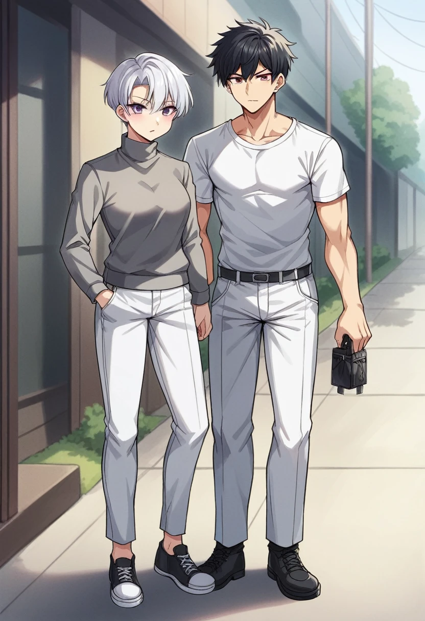 (1 girl, short, pixie cut, white hair, white eyelashes, purple eyes, Japanese, large breast, grey turtleneck, white pants, white converse shoes)
(1boy, tall long black hair l, red eyes, muscular, red long sleeve, black pants, black vans shoes)