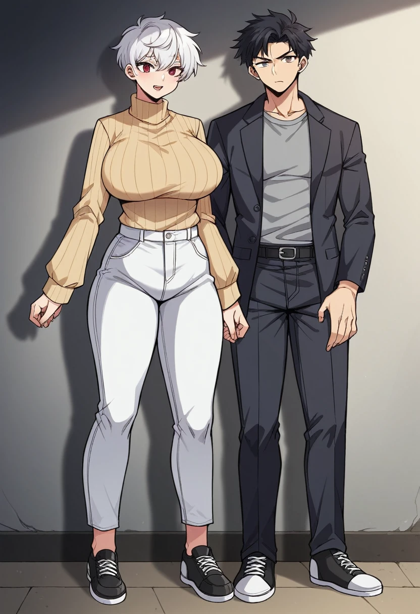 (1 girl, short, pixie cut, white hair, white eyelashes, purple eyes, Japanese, large breast, grey turtleneck, white pants, white converse shoes)
(1boy, tall long black hair l, red eyes, muscular, red long sleeve, black pants, black vans shoes)