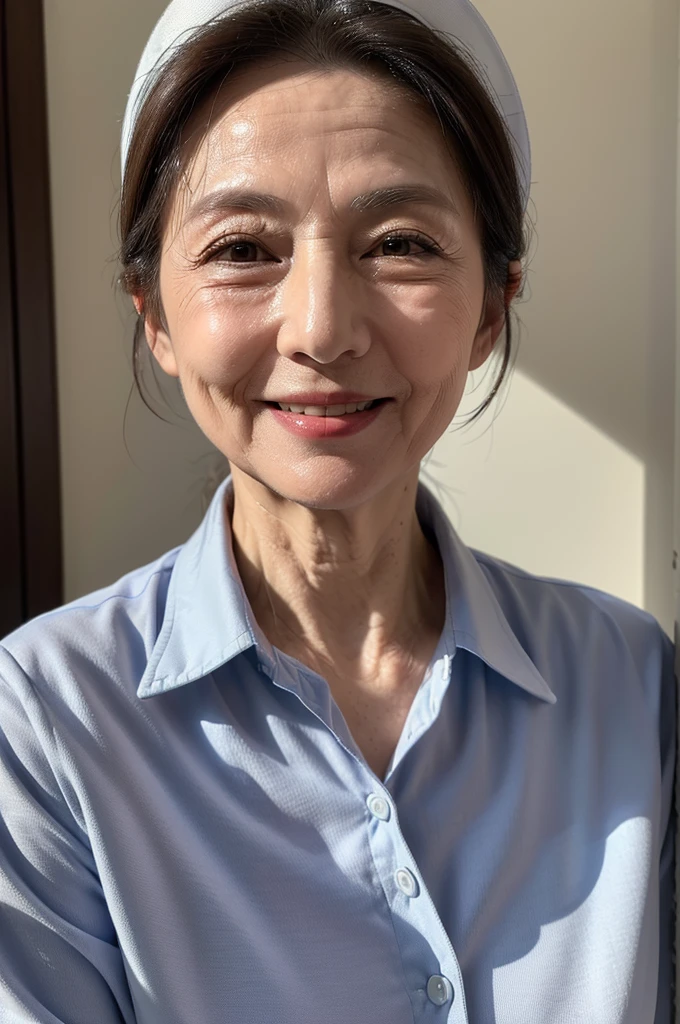 (masterpiece:1.4),(67-year-old woman:1.5),(facial wrinkles 1.2), (hair tied up : 1), A kind smile,maternal, Mature Woman, (dressed as a nurse : 1.2), (white collared uniform of nurse : 1.3), acnes, skin blemishes, fleckles, Nurse's hat