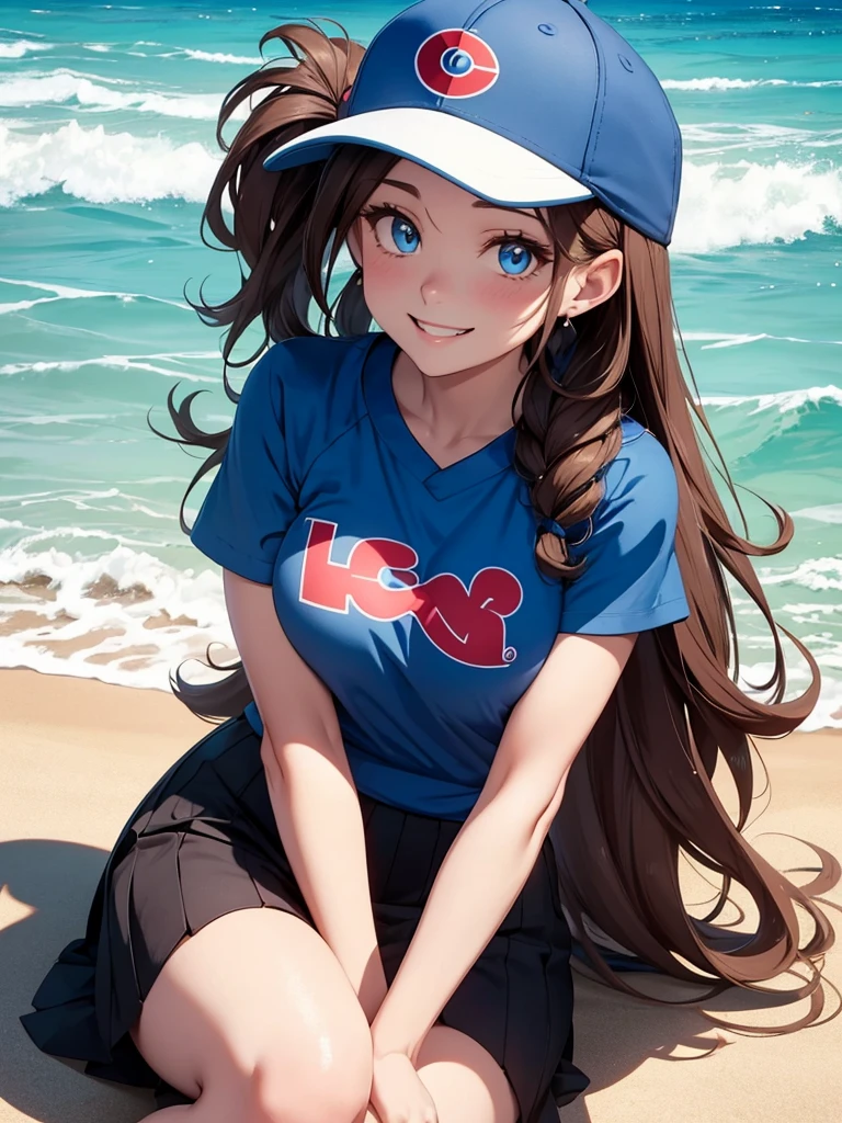 Hilda the trainer from pokemon, she has blue eyes, she wears a baseball cap from with her hair out the back of the baseball cap, she wears a skirt and a blouse the blous reveals her huge as she smiles at you, she is sitting on the beach, she has her hands on her chest, she has brown hair and bangs
